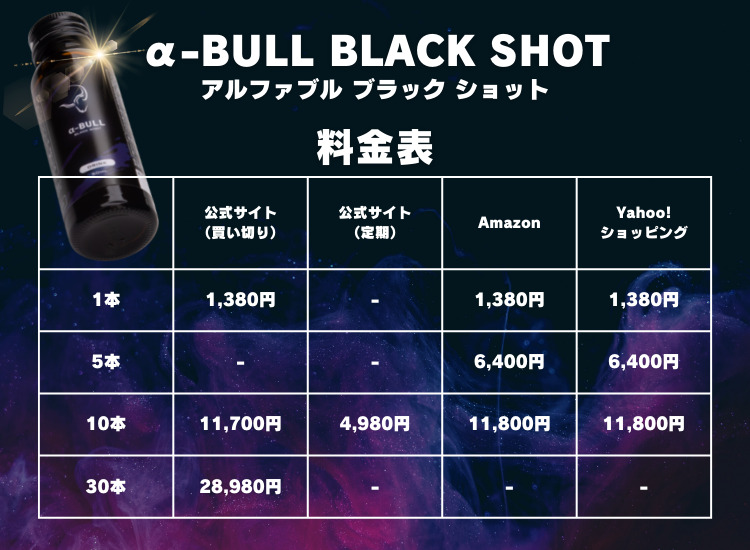 α-BULL BLACK SHOT（アルファブルブラックショット）の料金表（価格表）